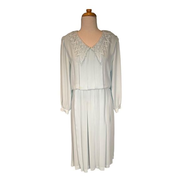 Vintage Light Blue Midi Dress Long Sleeve Elegant Open Lace Collar Shoulder Pads - Picture 12 of 12